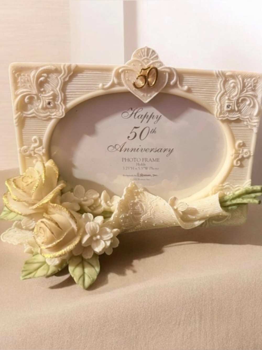 Vintage~Roman Inc Happy 50th Anniversary~Picture Frame~Ceramic Roses~3.75 x 5.5